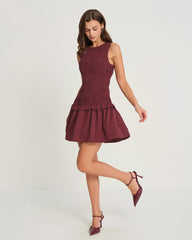Wine Red Sleeveless Shirred Mini Dress