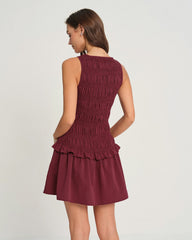 Wine Red Sleeveless Shirred Mini Dress